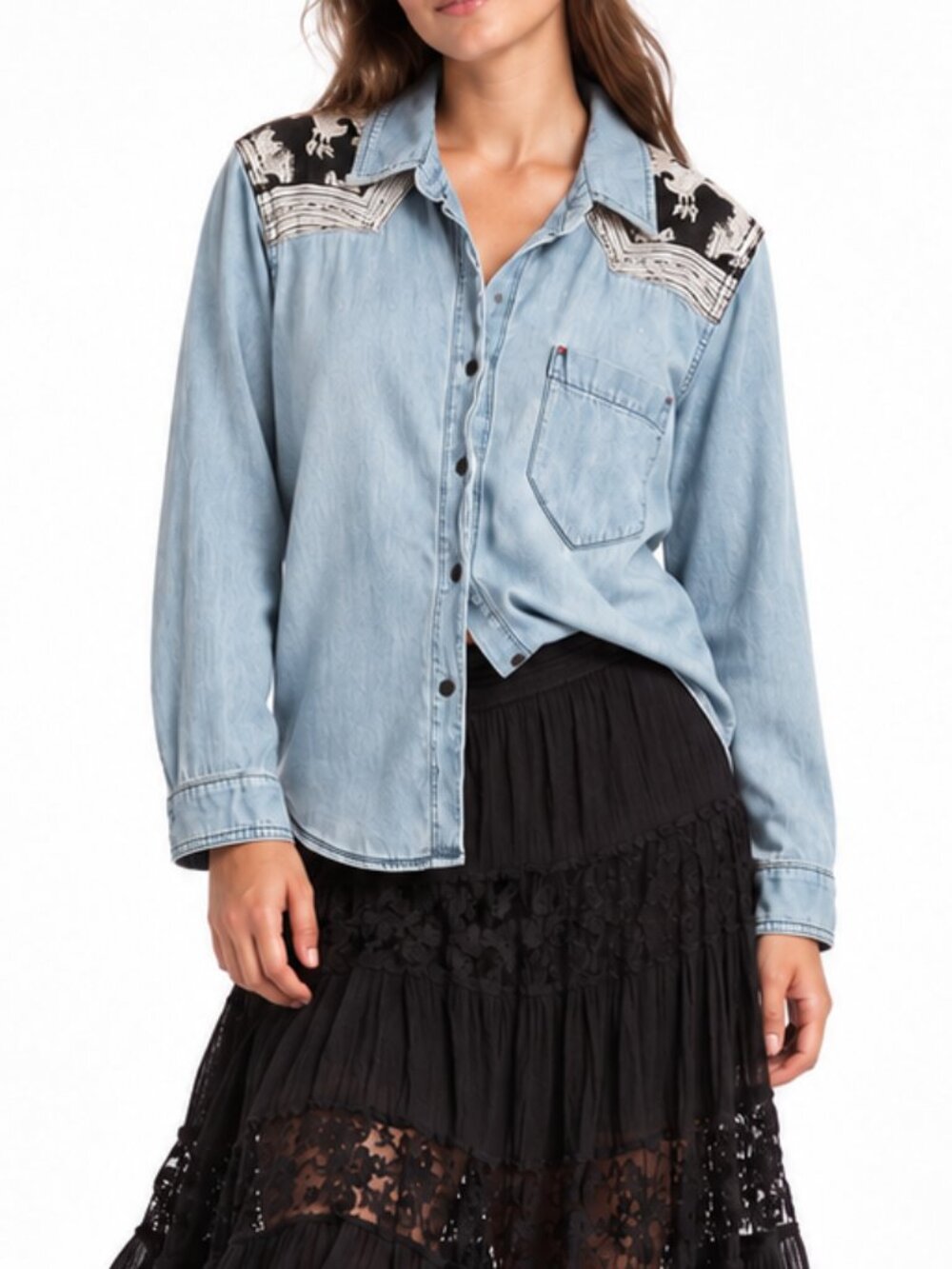 Free People Light Wash Chambray Button Down Shirt Paisley Bandana Back Size LG